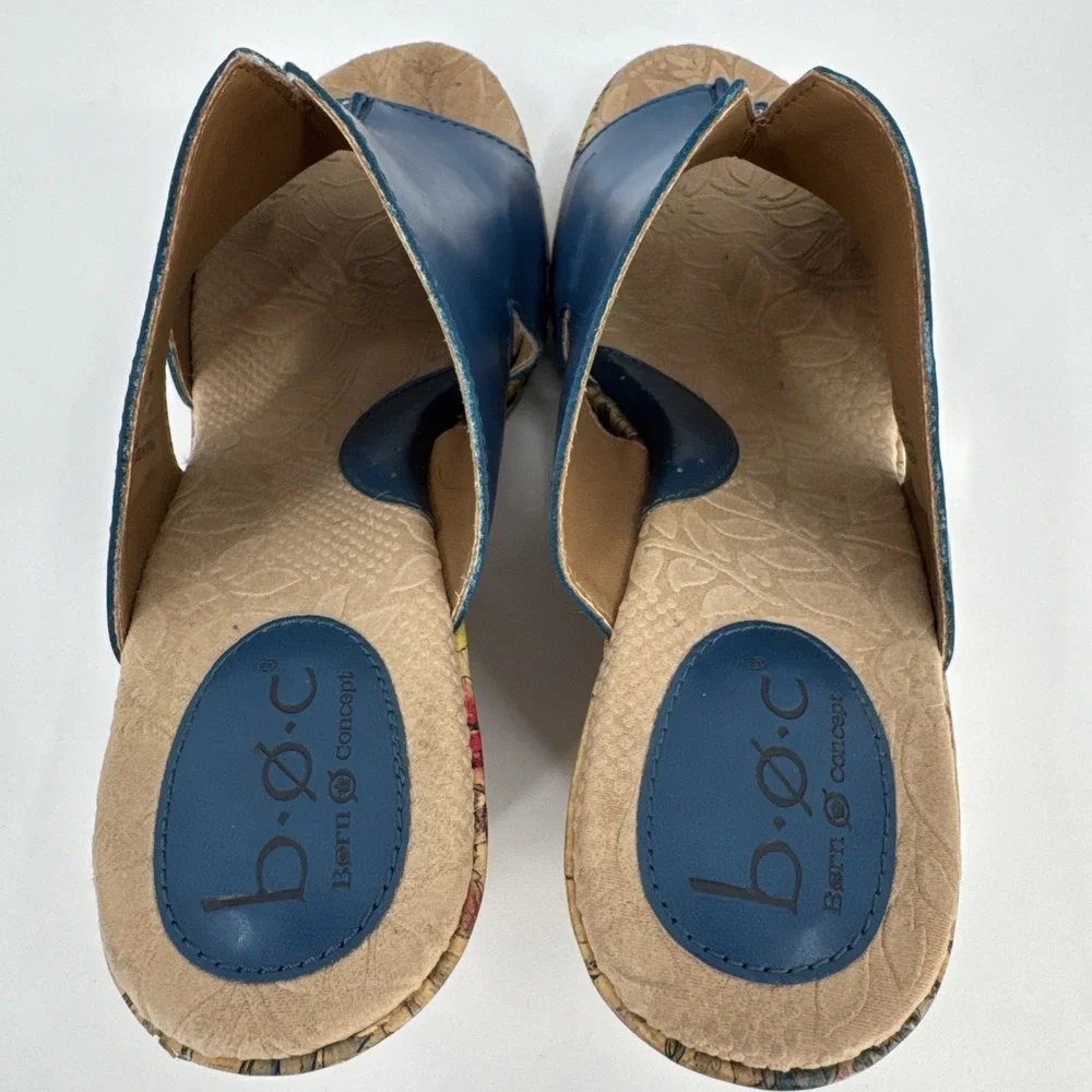 Born Casaba C34104 Blue Leather Floral Slip Womens Cork Wedge - Size 8M - Picture 7 of 11